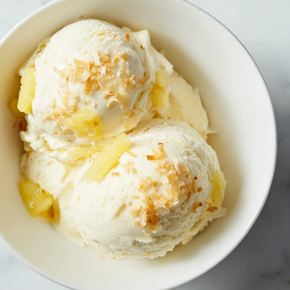 Glass dish of Creamy Pineapple Ice Cream, silky texture, lemon zest garnish
