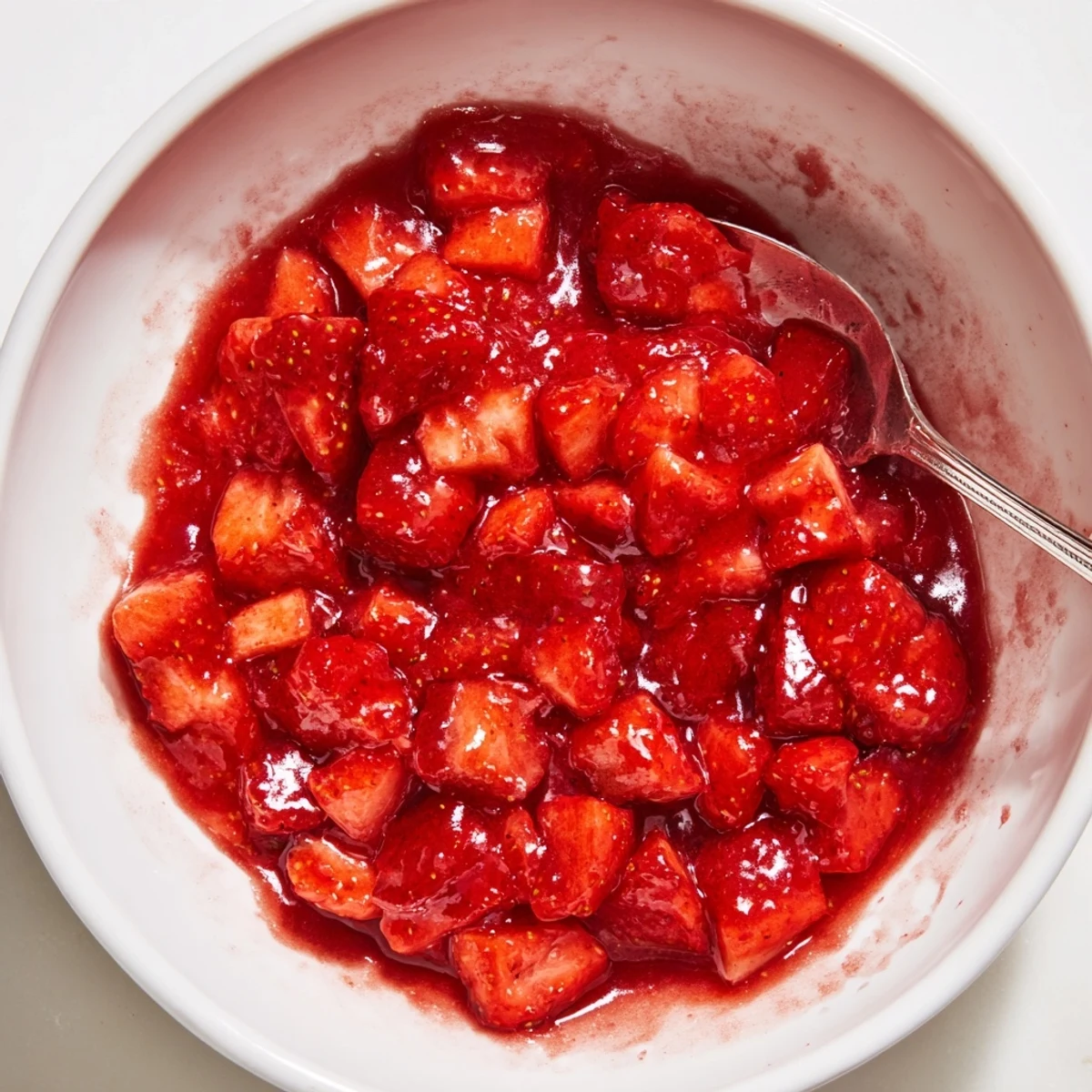 Strawberry Cake Filling Recipe showing glossy, warm strawberry filling cooling in saucepan  