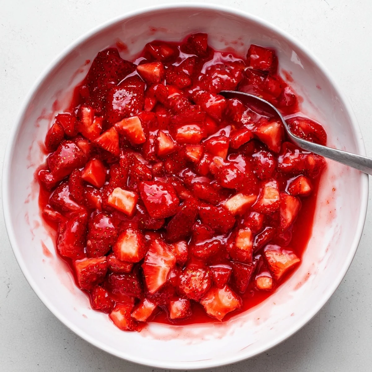 A vibrant Strawberry Cake Filling Recipe spooned into cake layers for serving  