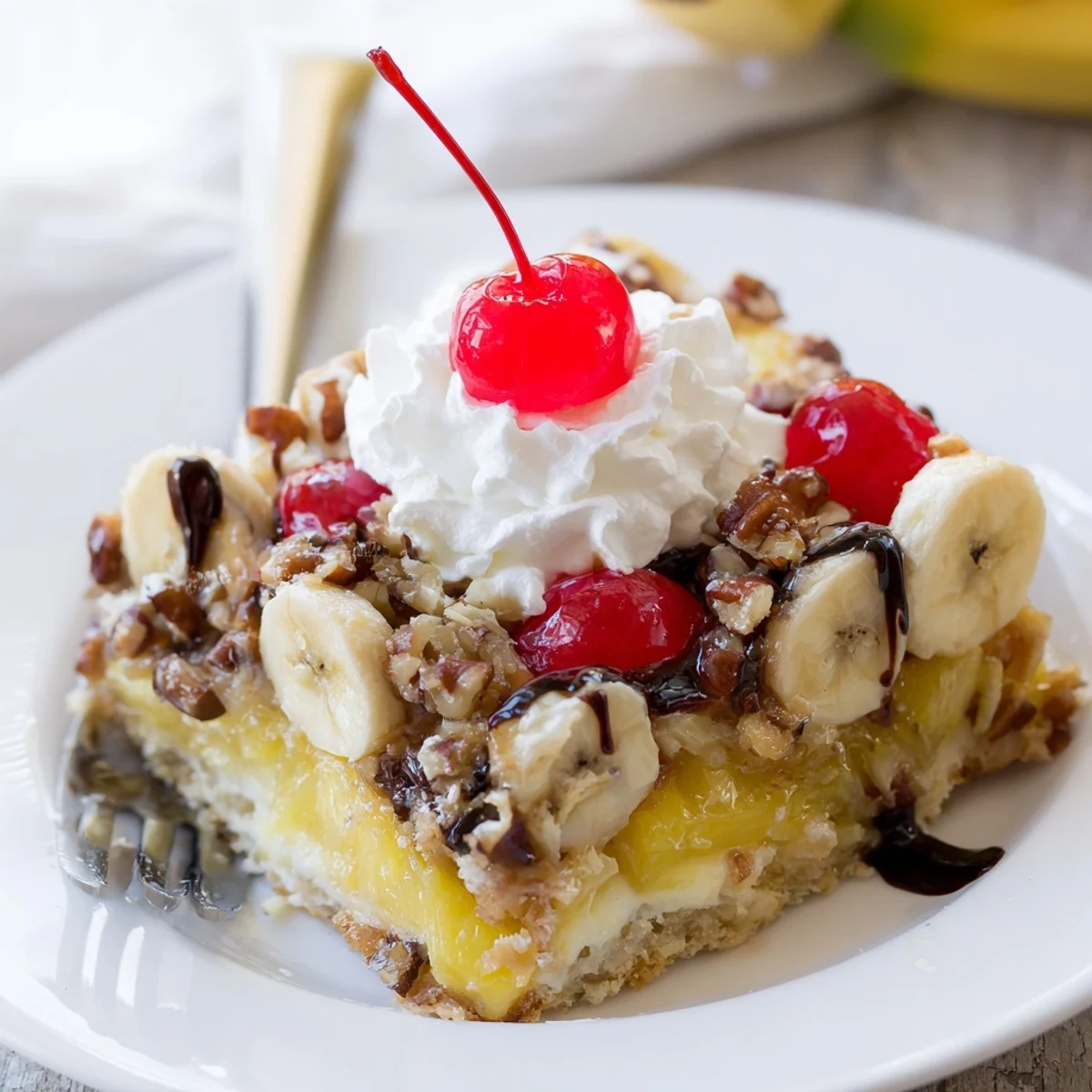 Warm Banana Split Dump Cake bubbling in dish, topped with cherries and whipped cream