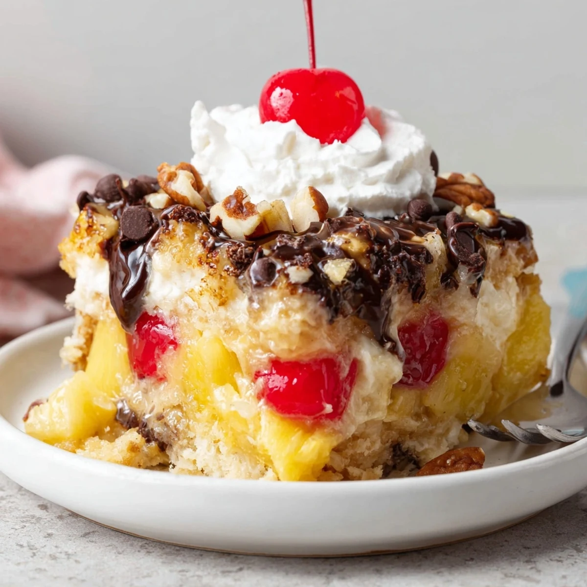 Slice of Banana Split Dump Cake with melted chocolate chips, nutty crunch