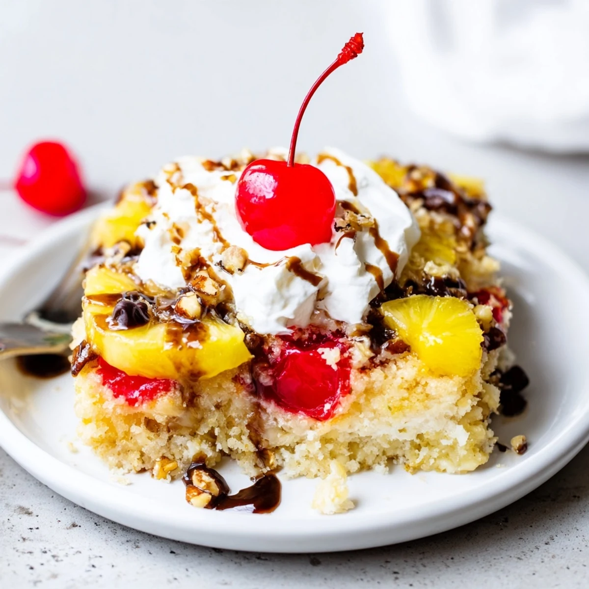 Baking pan of Banana Split Dump Cake cooling, pineapple-scented steam and golden top