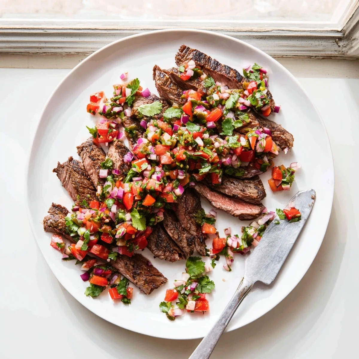 Perfectly grilled flank steak slices topped with vibrant poblano pico de gallo on a white serving platter