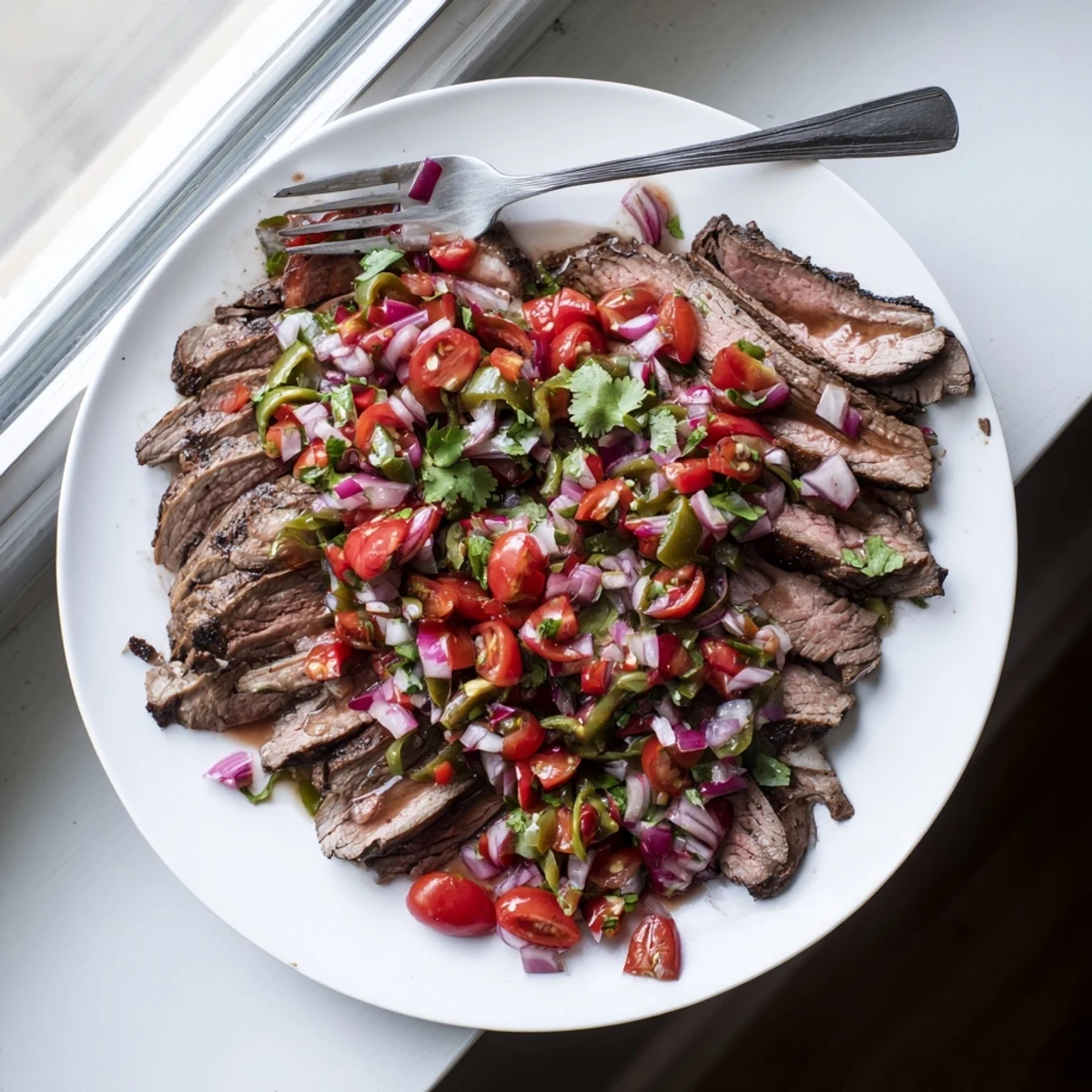 Sizzling grilled flank steak with charred poblano pepper pico garnish ready for summer dinner