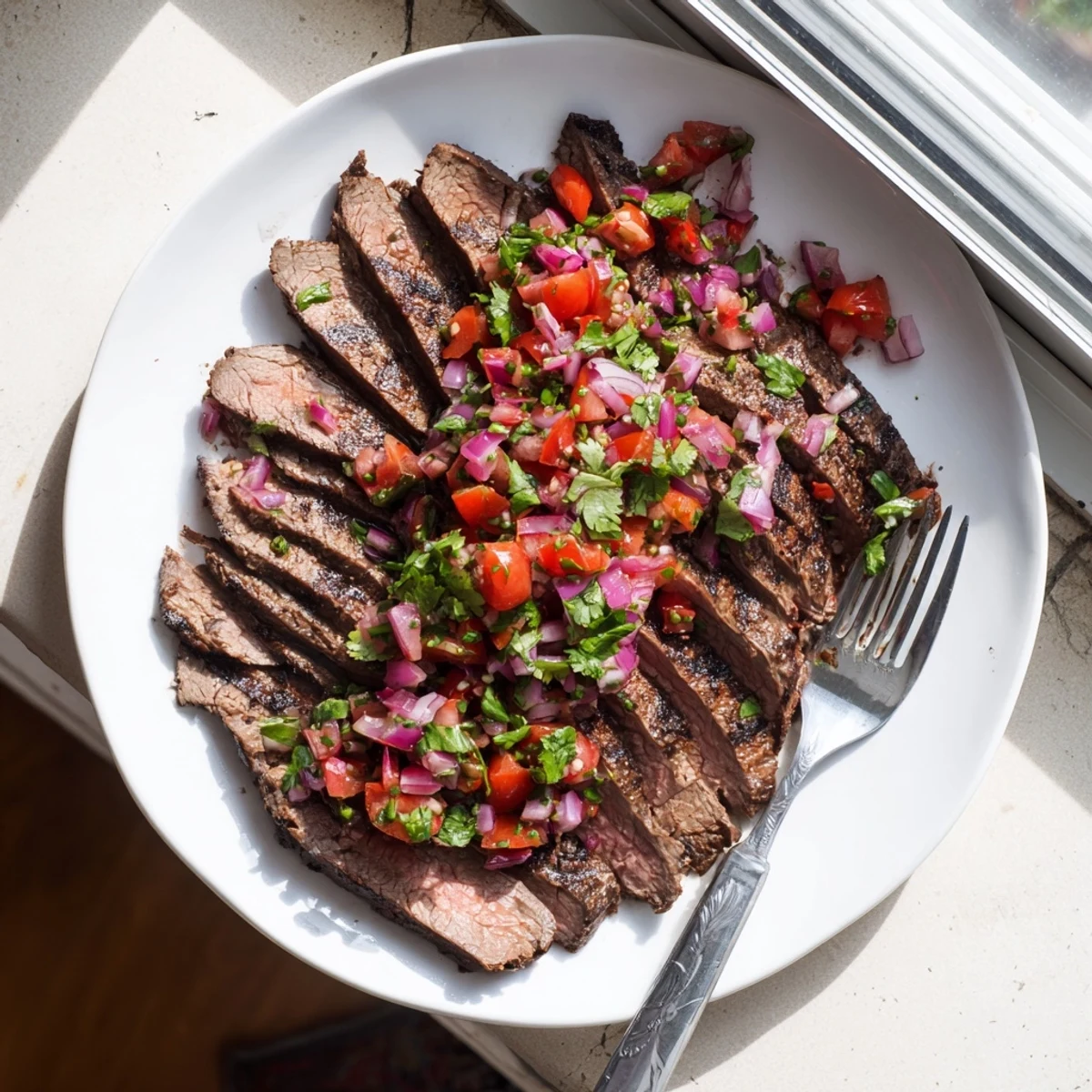 Juicy medium-rare grilled flank steak arranged with fresh Mexican-style poblano pico de gallo topping