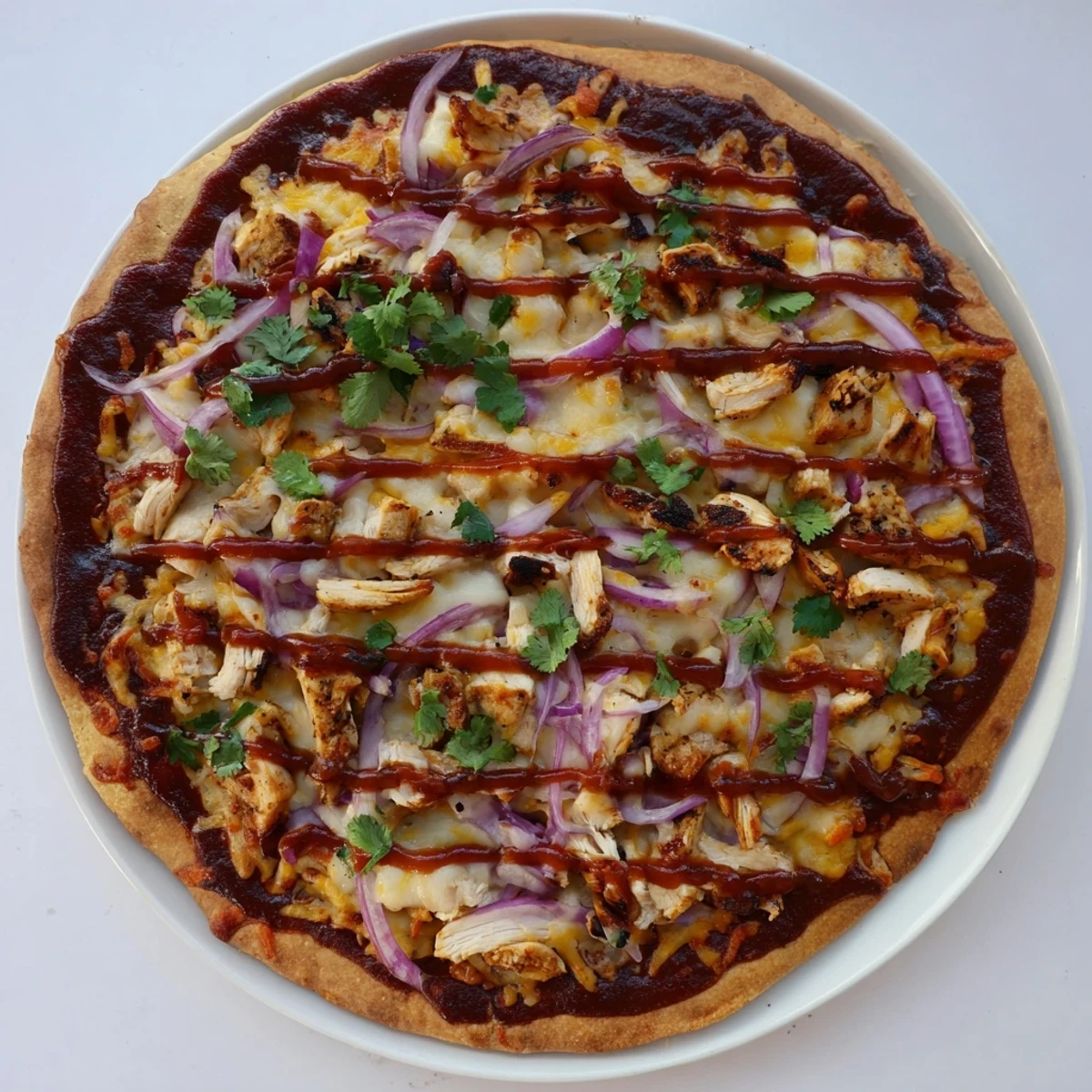 Homemade BBQ chicken pizza fresh off the grill with charred crust, smoky chicken, and a drizzle of sweet sauce