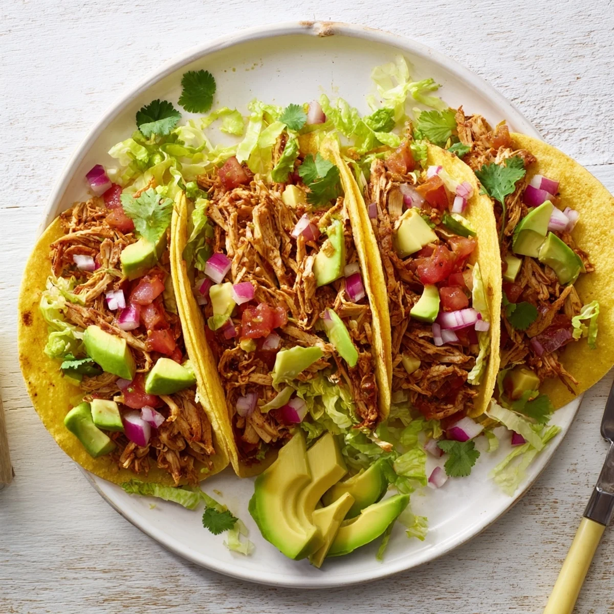 Golden shredded slow cooker chicken tacos topped with fresh cilantro and lime