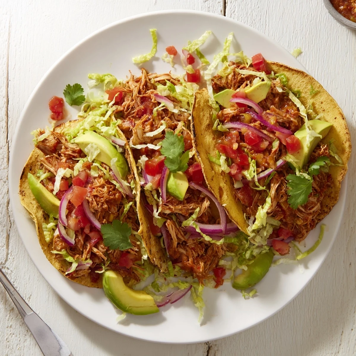 Flavorful slow cooker chicken tacos with vibrant lettuce avocado and melted cheese