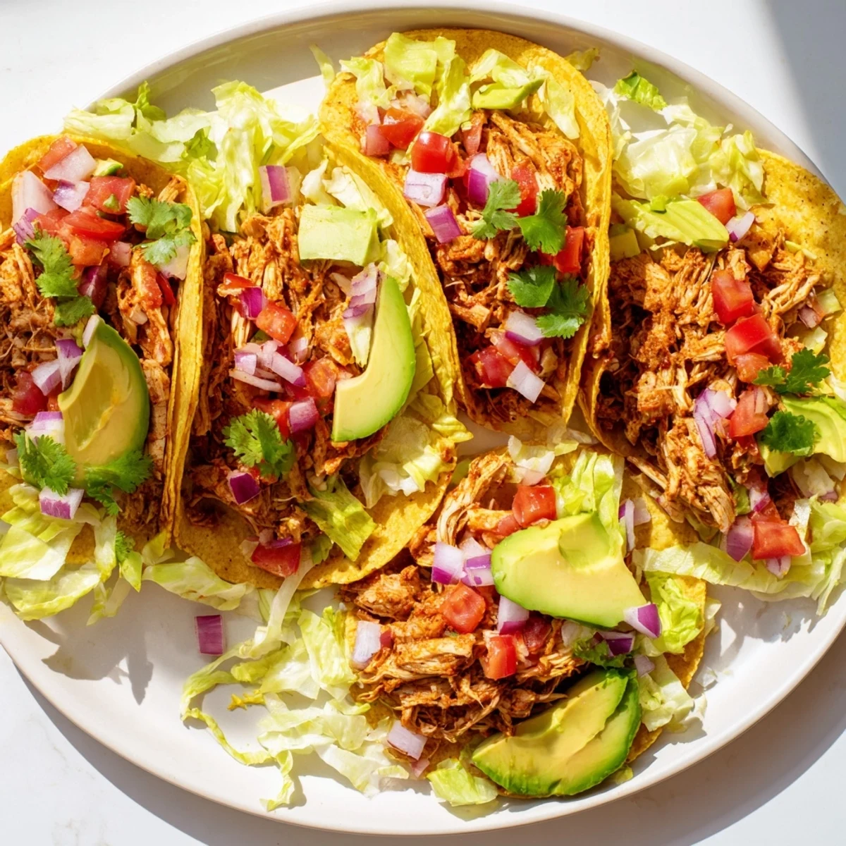 Warm corn tortillas piled high with tender Mexican-spiced chicken from slow cooker