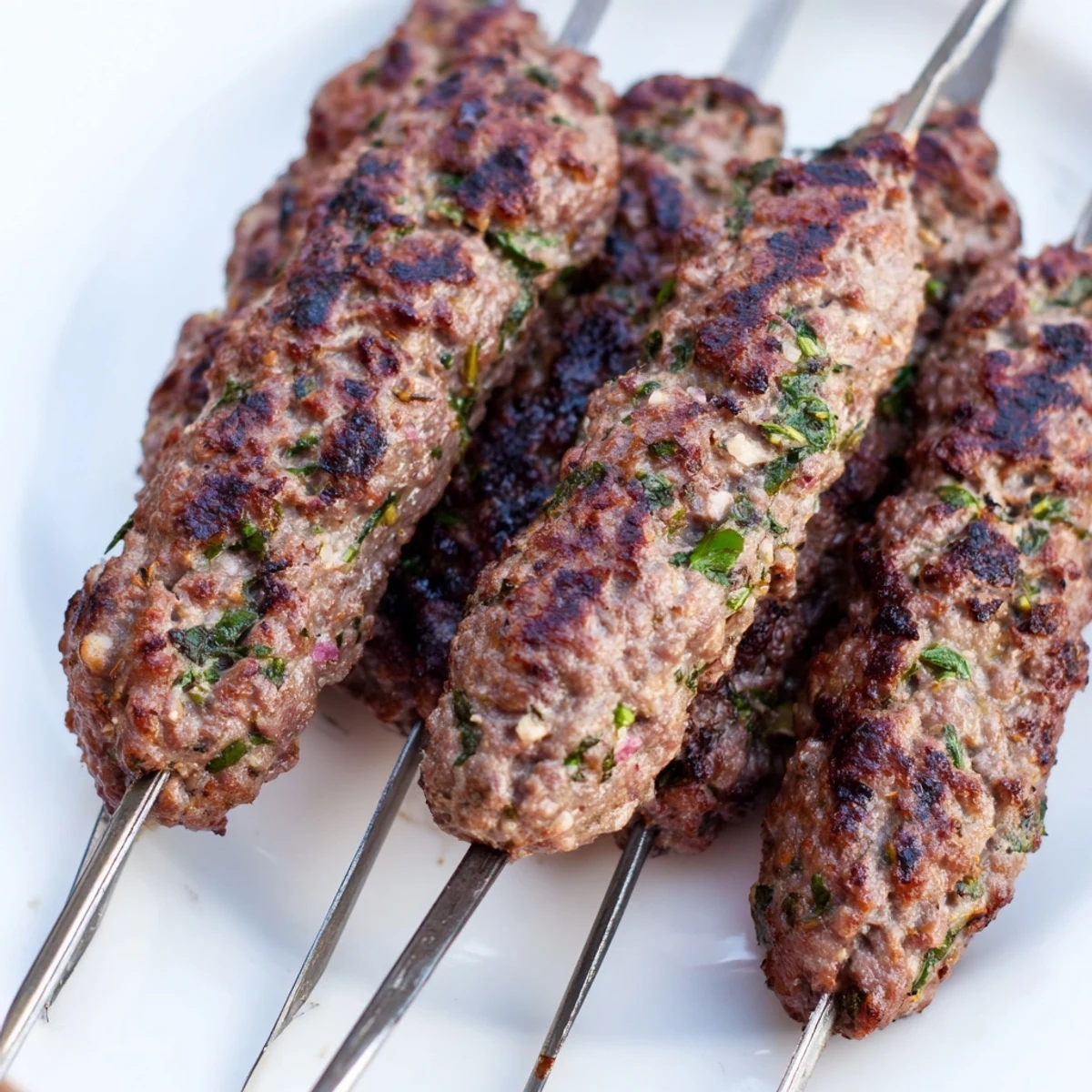 Golden grilled lamb kofta kebabs on metal skewers with fresh herbs and warm spices