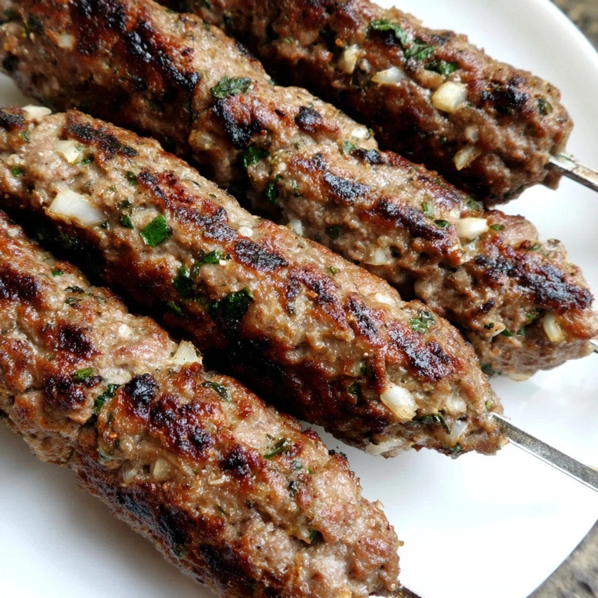 Juicy Middle Eastern lamb kofta kebabs served with lemon wedges on a white platter