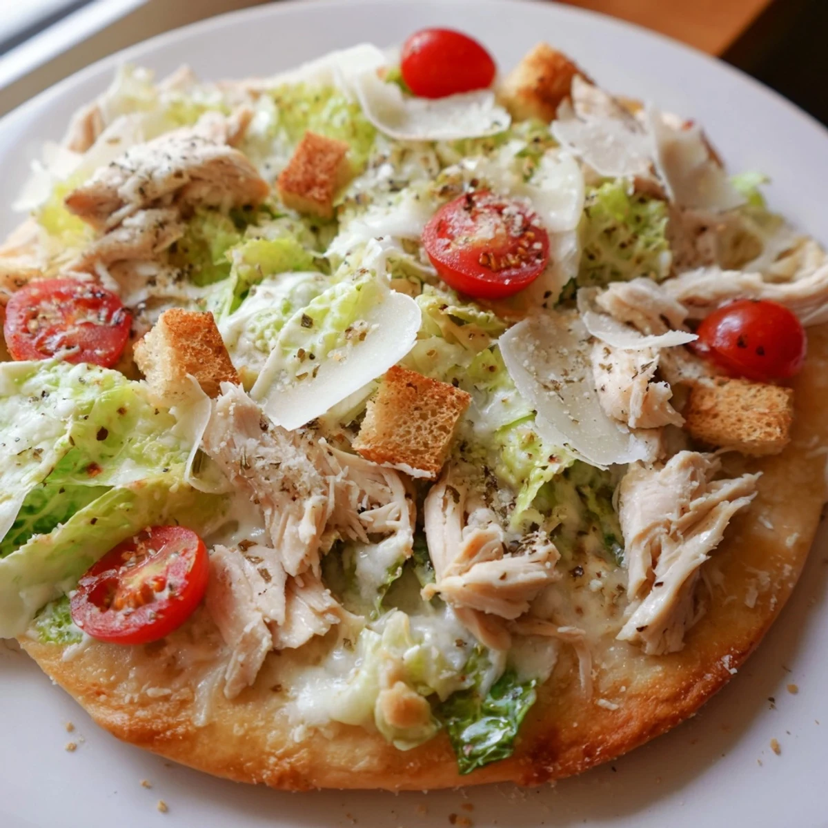 Golden chicken Caesar salad pizza with crisp romaine and melted mozzarella on crispy crust