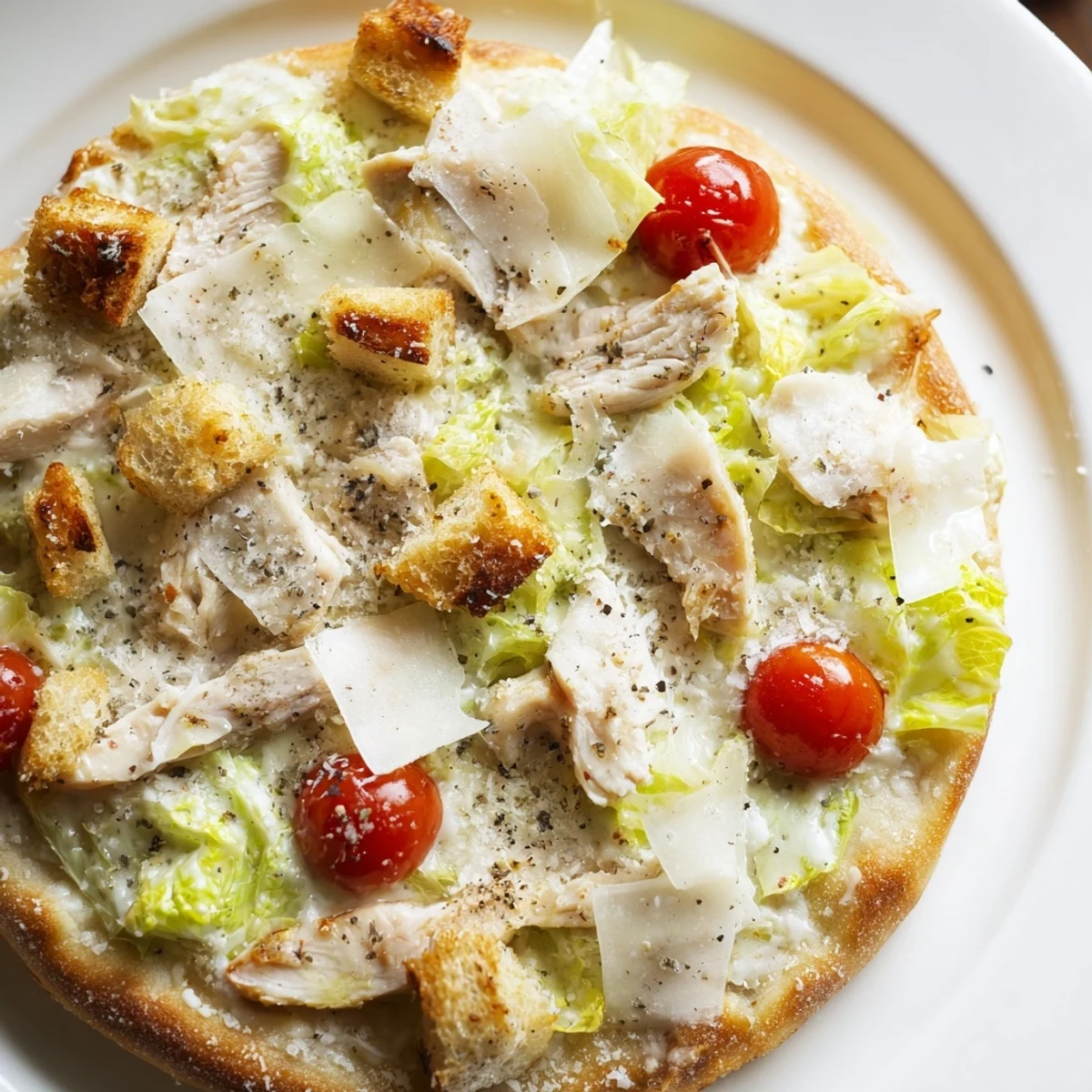 Slice of chicken Caesar salad pizza garnished with Parmesan croutons and vibrant cherry tomatoes