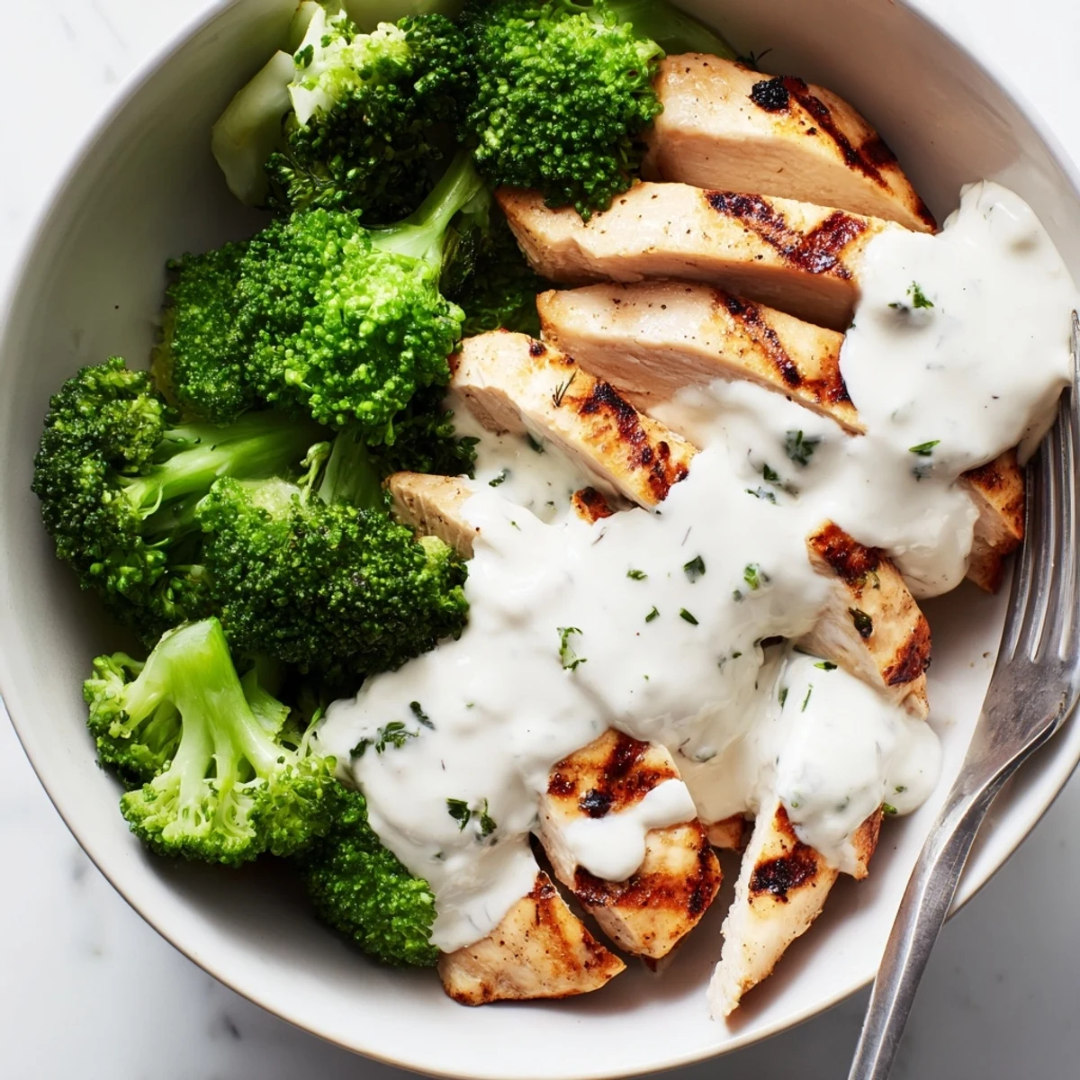 Healthy grilled chicken broccoli bowls with creamy garlic sauce drizzled over sliced chicken and fresh broccoli florets
