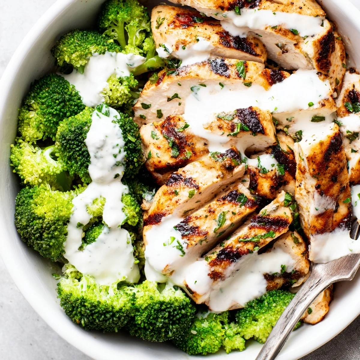 Protein-packed healthy grilled chicken broccoli bowls arranged with brown rice base and generous creamy garlic sauce