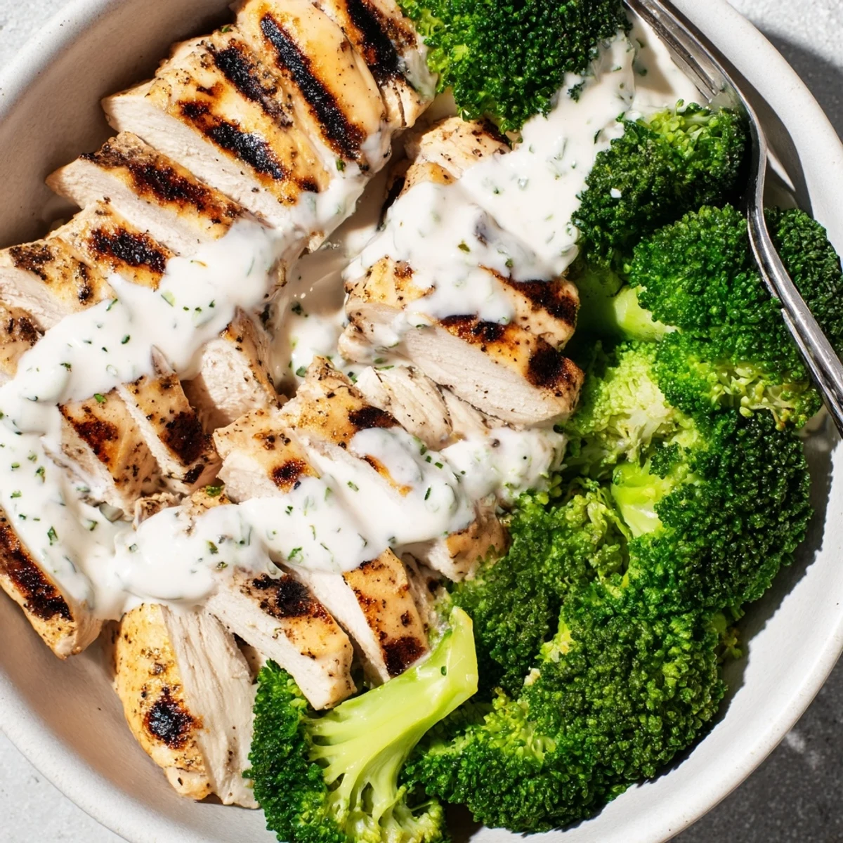 Nutritious grilled chicken broccoli bowls featuring tender meat, crisp vegetables, and luscious garlic yogurt sauce topping