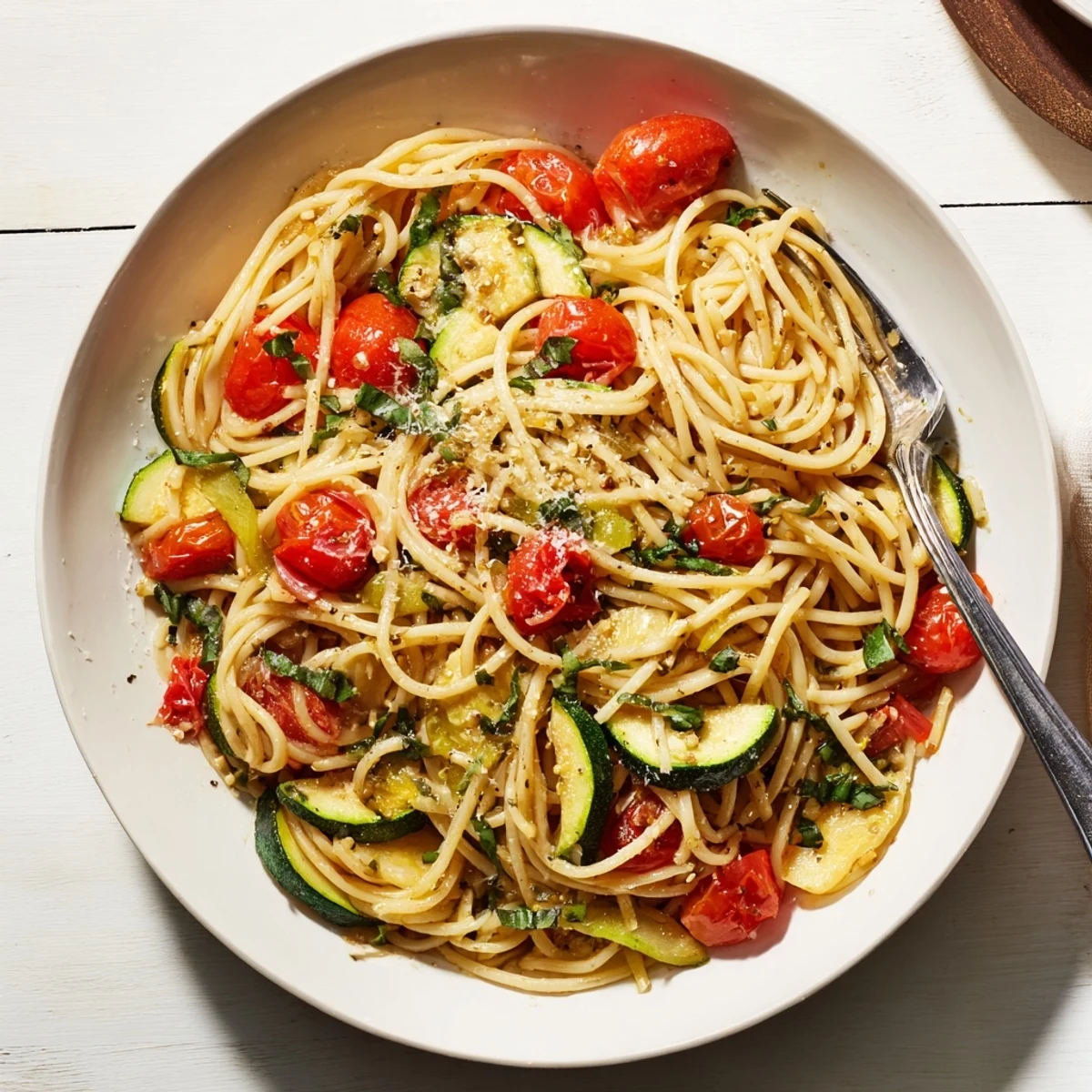 Golden tomato zucchini pasta tossed in olive oil with fresh basil garnish