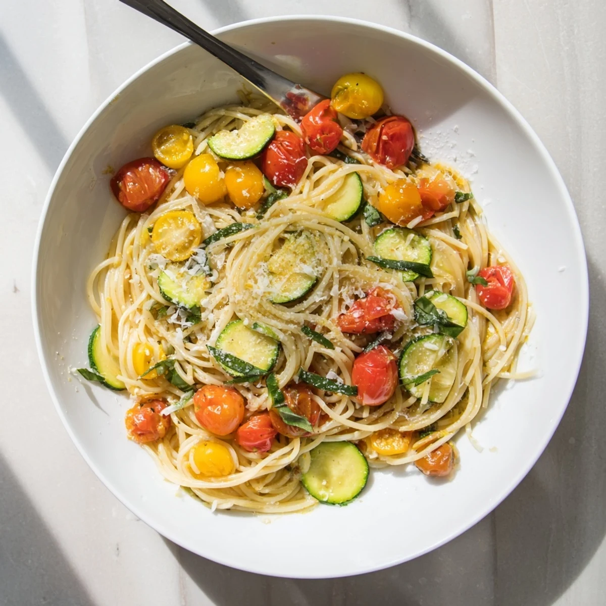 Savory tomato zucchini pasta in a white bowl topped with green basil