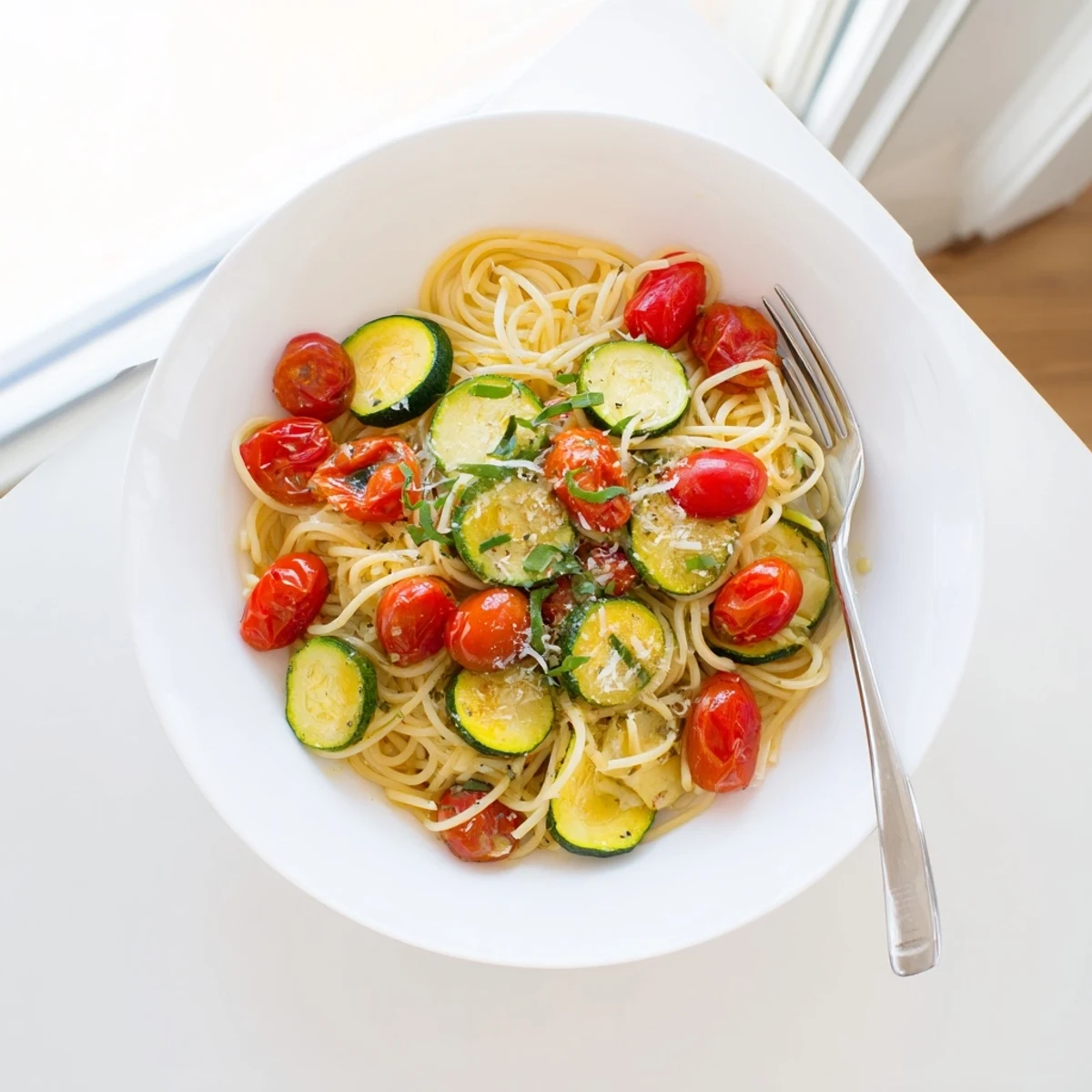 Light Italian tomato zucchini pasta dish with Parmesan and colorful vegetables