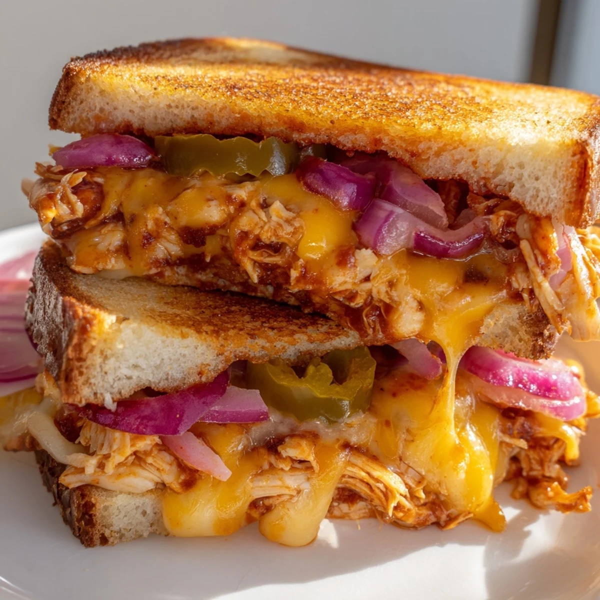 Savory BBQ chicken grilled cheese featuring gooey cheese layers and crisp golden sourdough slices