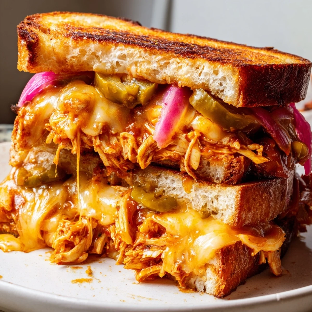 Golden BBQ chicken grilled cheese sandwich with melted cheddar and mozzarella on toasted sourdough bread