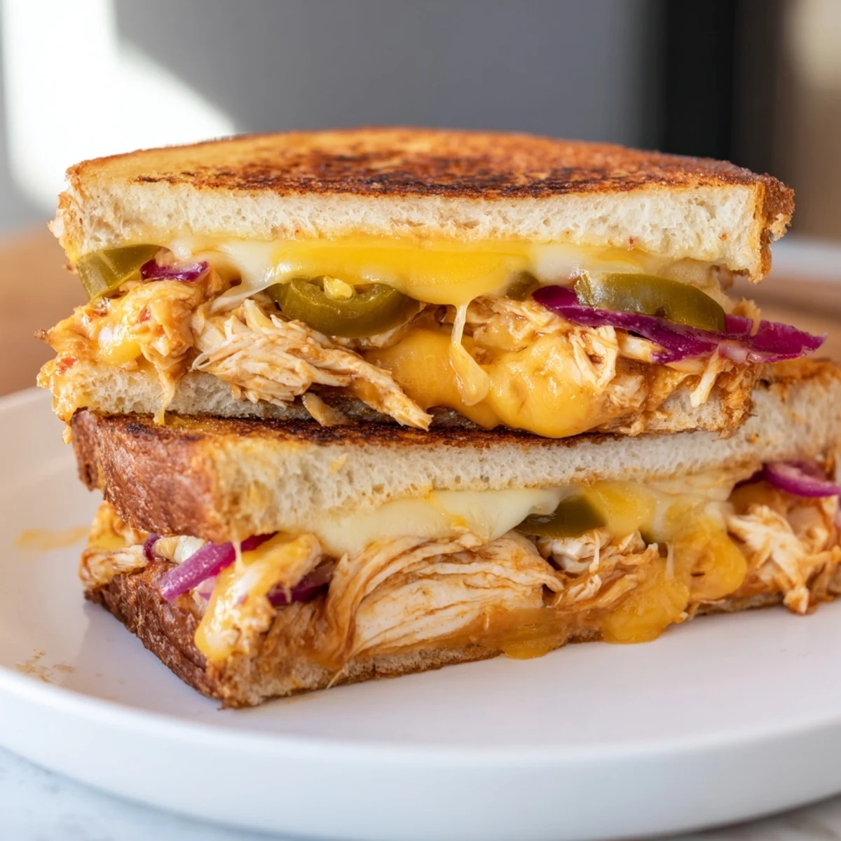 Halved BBQ chicken grilled cheese sandwich oozing melted cheese between buttery toasted sourdough bread