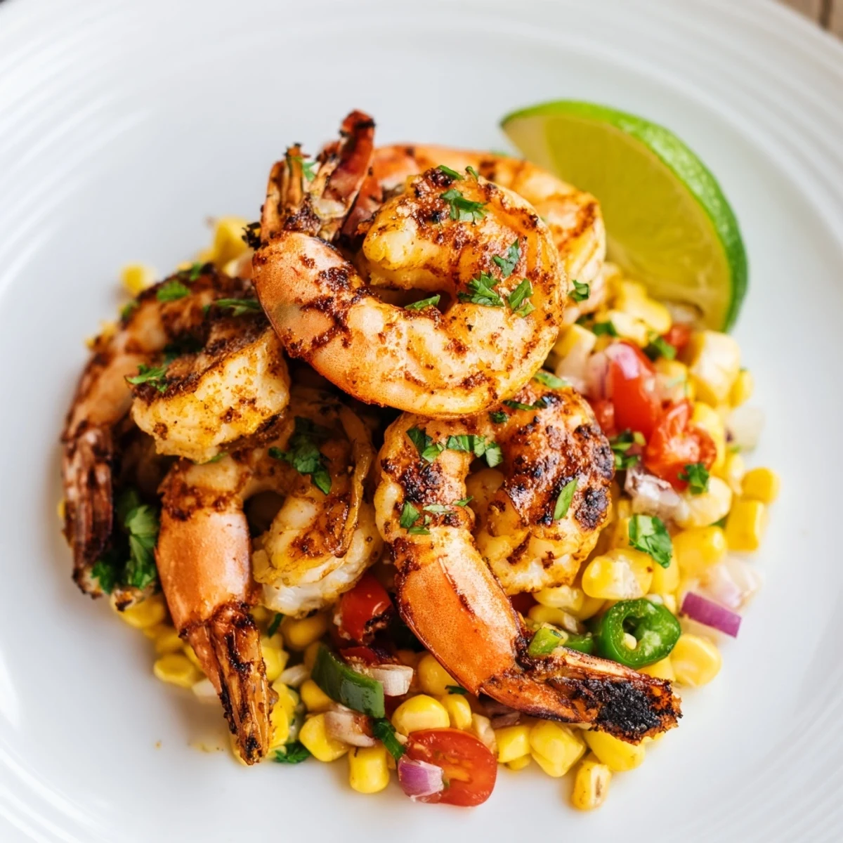 Golden grilled smoky charred shrimp with corn salsa served on a white plate