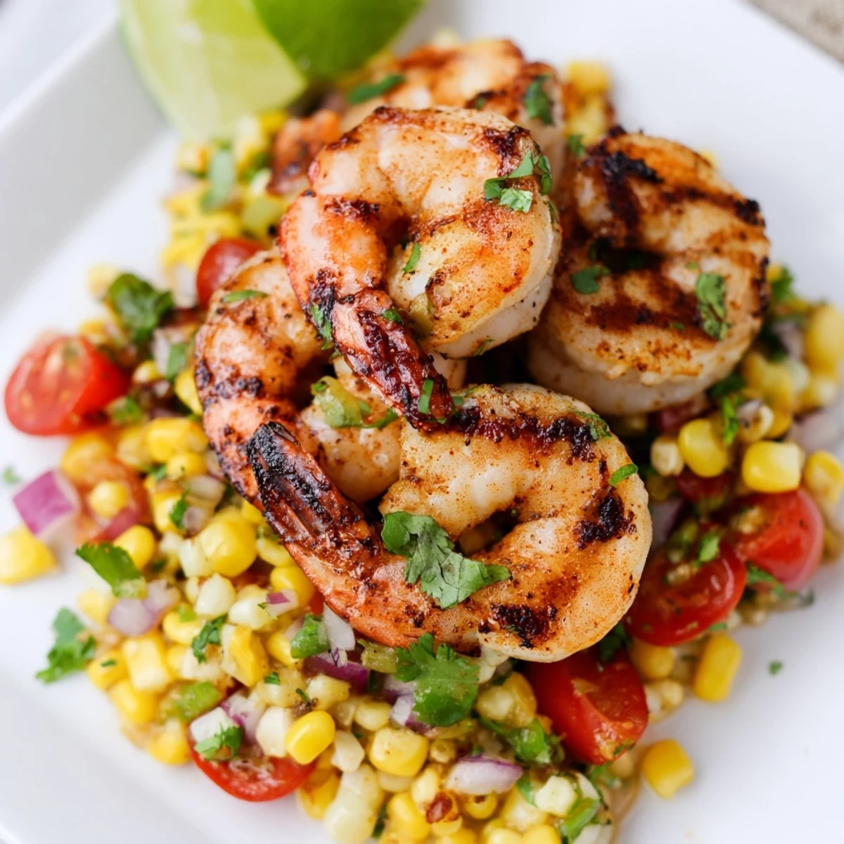 Plump spicy shrimp skewers resting atop vibrant corn salsa with fresh cilantro garnish
