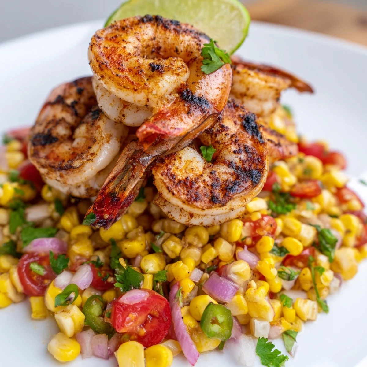Lightly blackened shrimp arranged over colorful corn and tomato salsa for summer dining