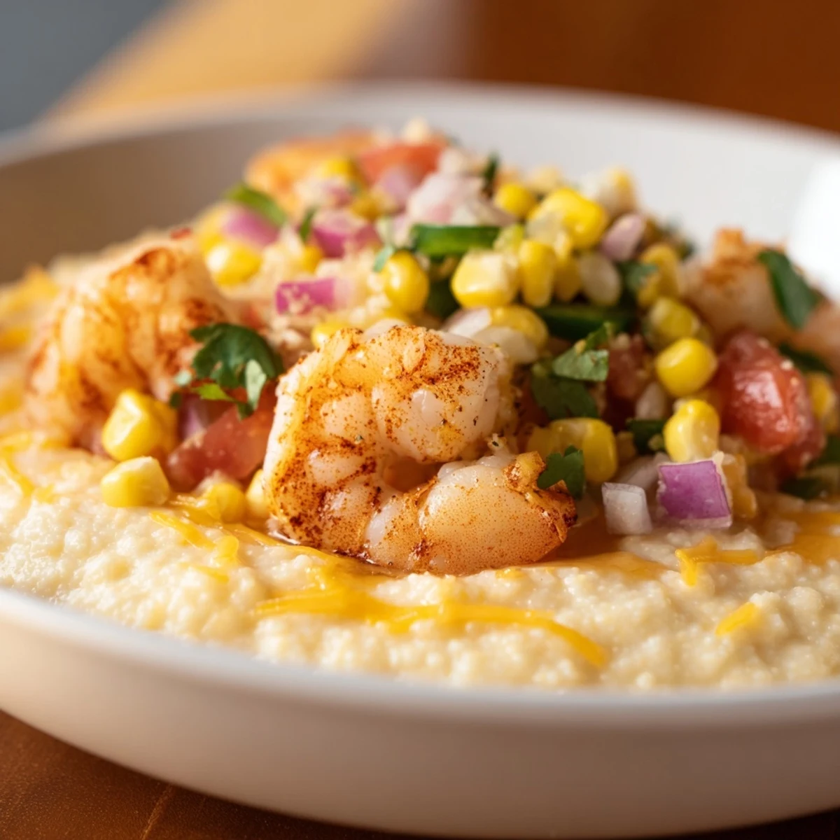 Creamy shrimp grits topped with plump sautéed shrimp and vibrant corn salsa