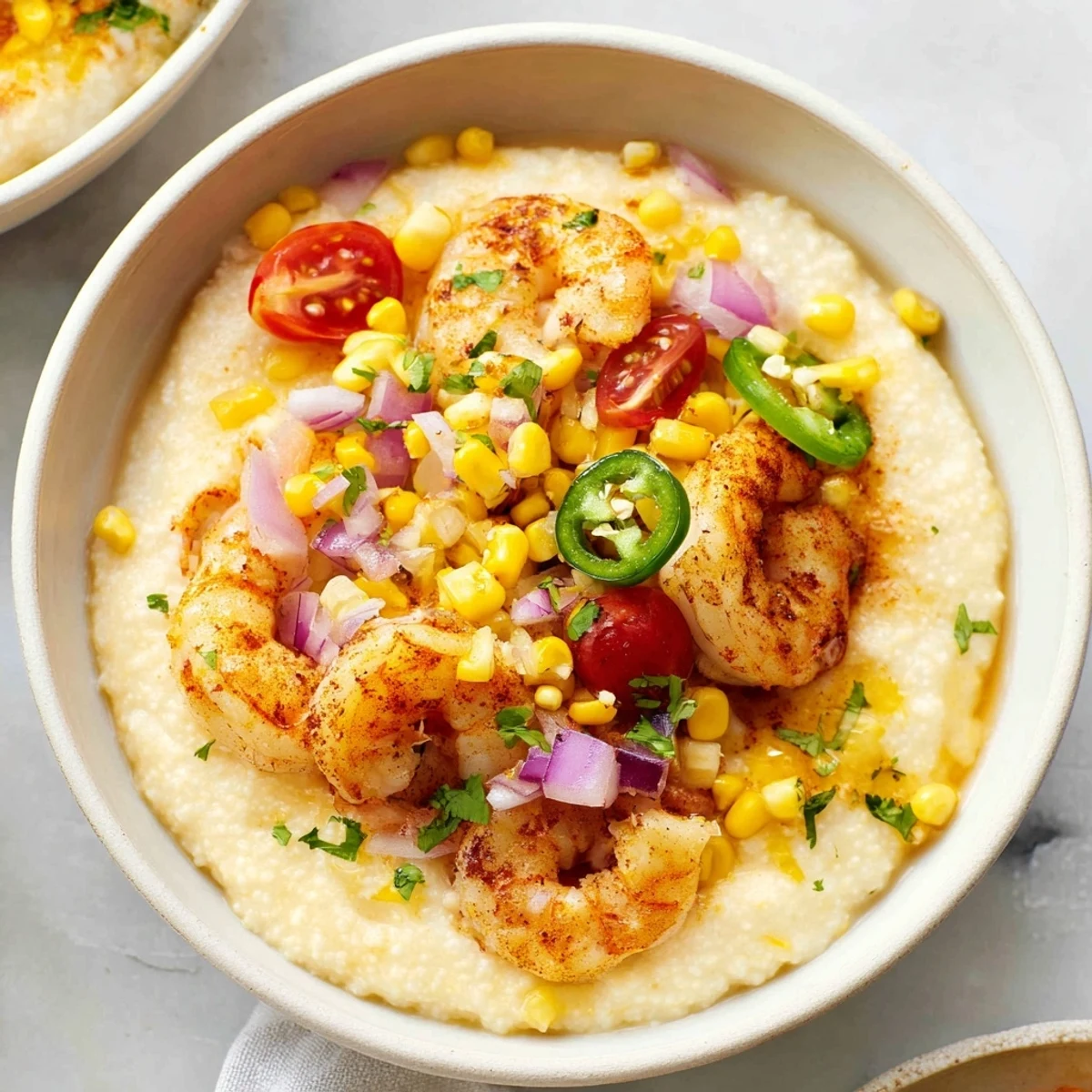 Golden cheddar grits bowl garnished with spiced shrimp and fresh zesty corn salsa