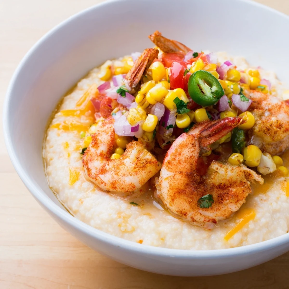 Southern-style shrimp grits featuring cheesy grits, garlic shrimp, and colorful corn tomato salsa