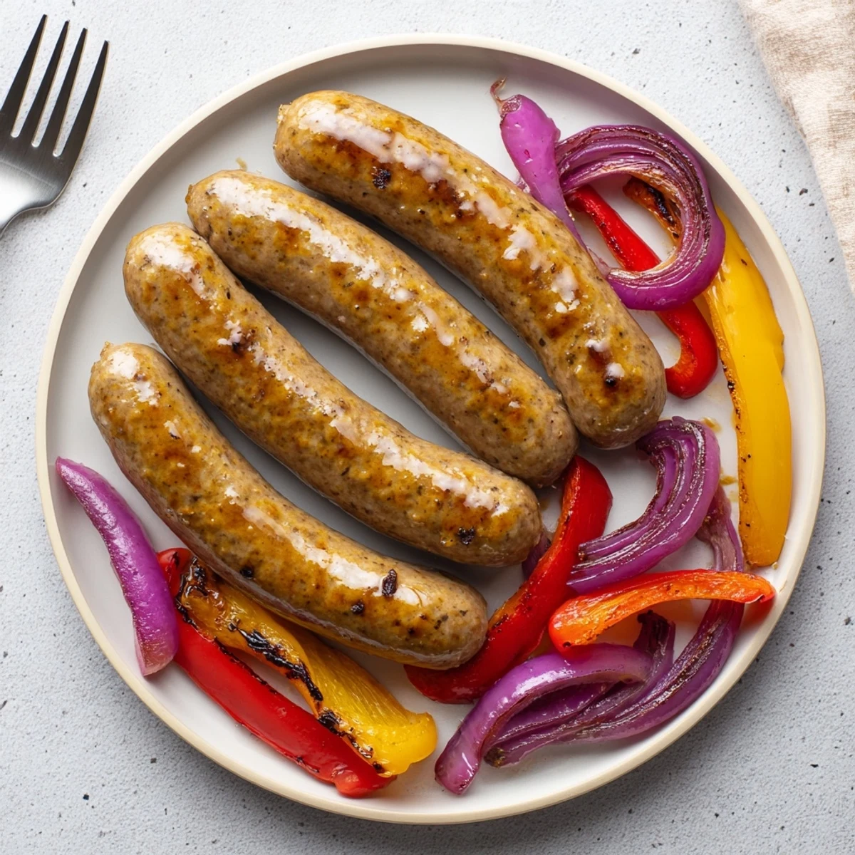 Golden grilled BBQ beef sausage with colorful peppers and onions topped with tangy mustard glaze