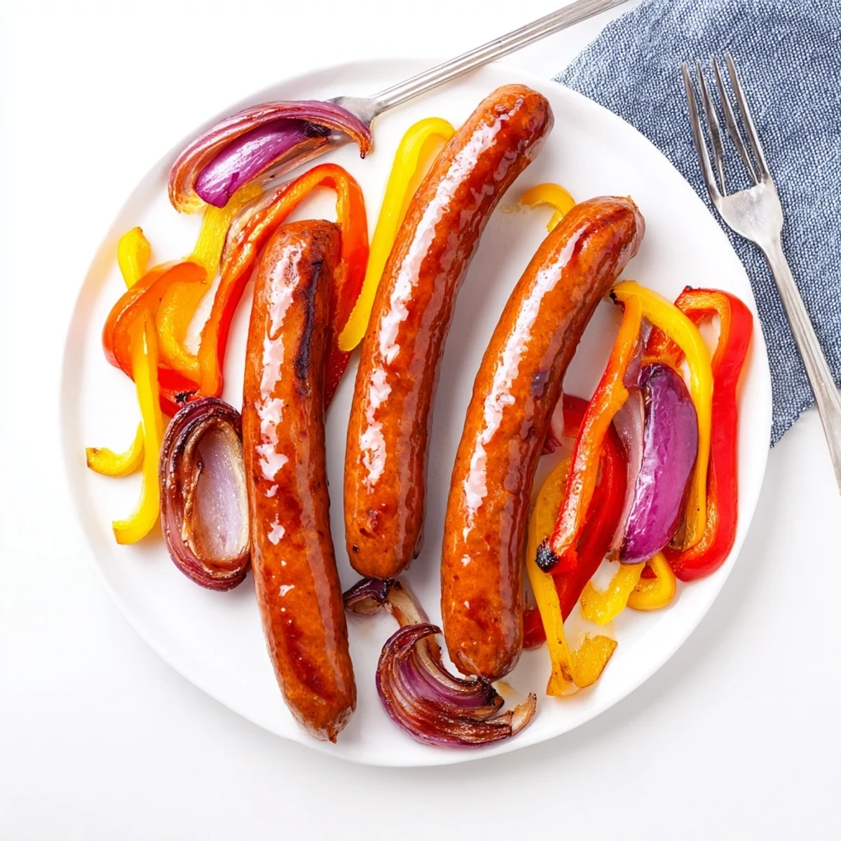 Savory grilled beef sausages served alongside charred sweet bell peppers and red onion slices