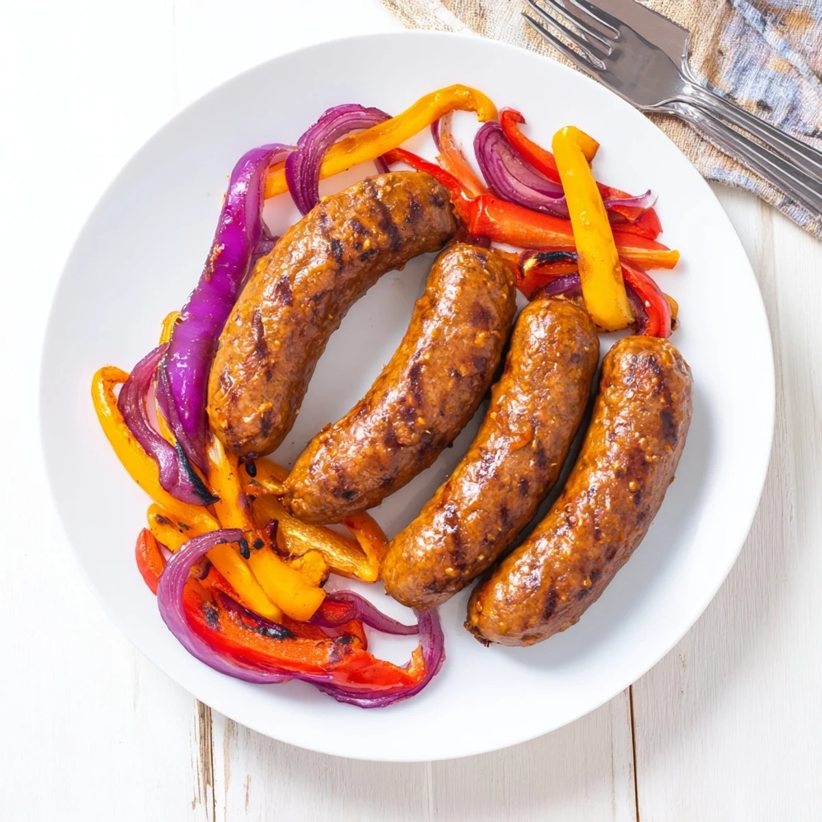 Juicy BBQ beef sausage featuring caramelized peppers and onions drizzled with honey mustard glaze