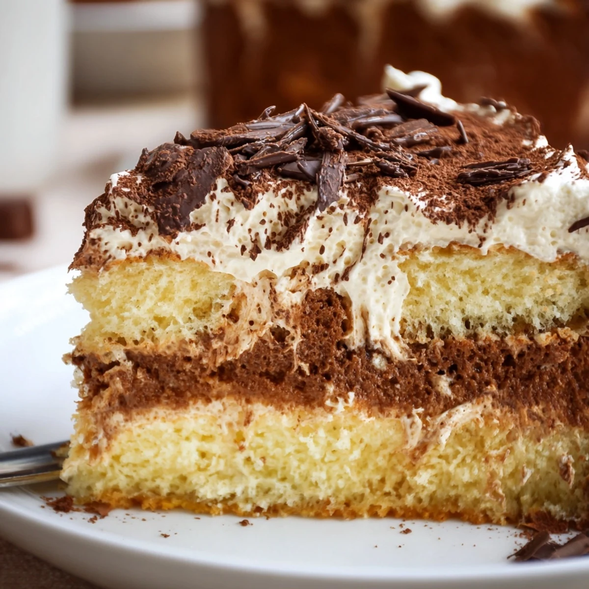Slice of tiramisu cake revealing layered coffee-soaked sponge and creamy mascarpone filling
