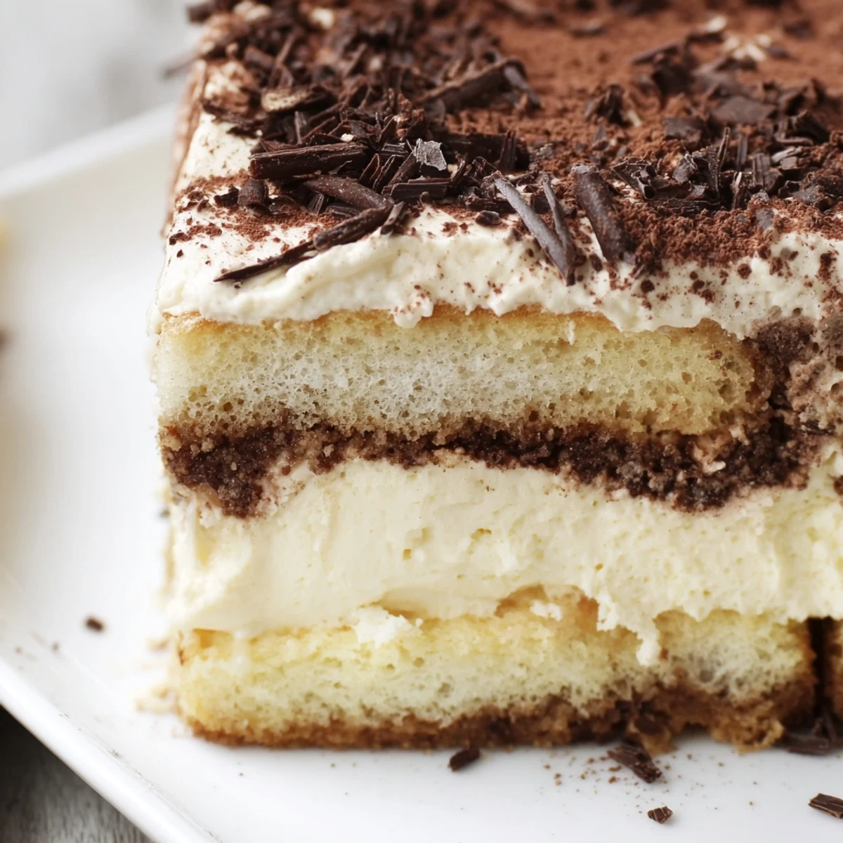 Elegant layered tiramisu cake dusted with cocoa powder and garnished with dark chocolate shavings