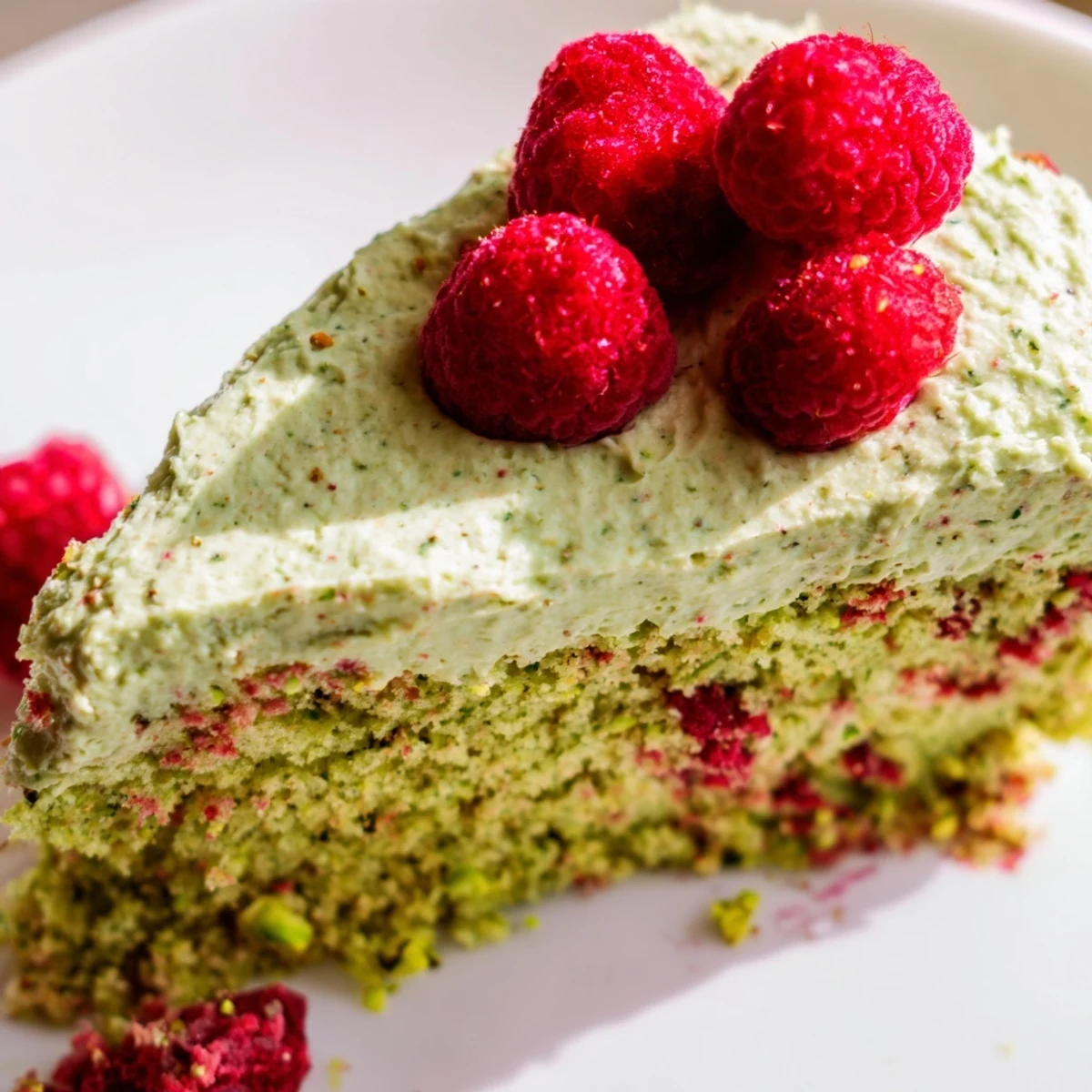Slice of pistachio raspberry cake topped with creamy green frosting and fresh red berries