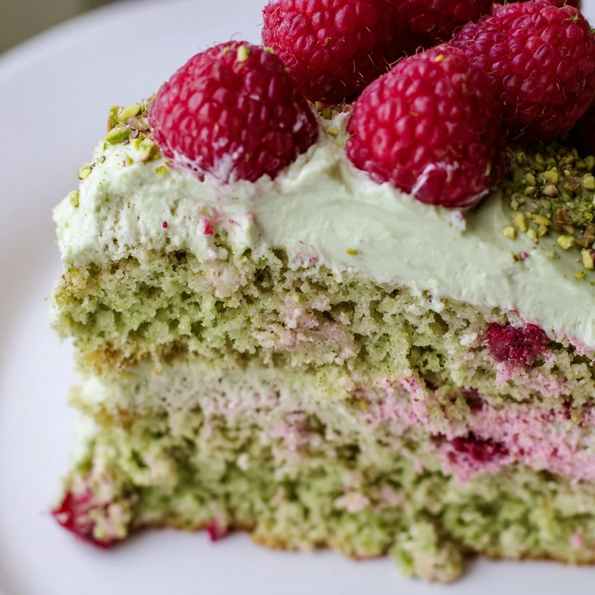 Moist pistachio raspberry cake decorated with whole raspberries and chopped pistachios on white plate