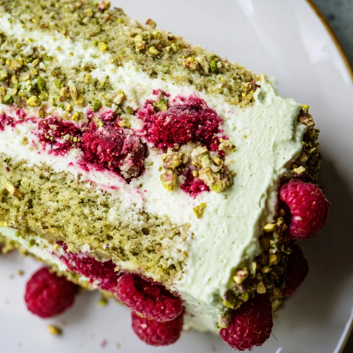 Homemade pistachio raspberry cake with cream cheese frosting, scattered with fresh berries and nuts