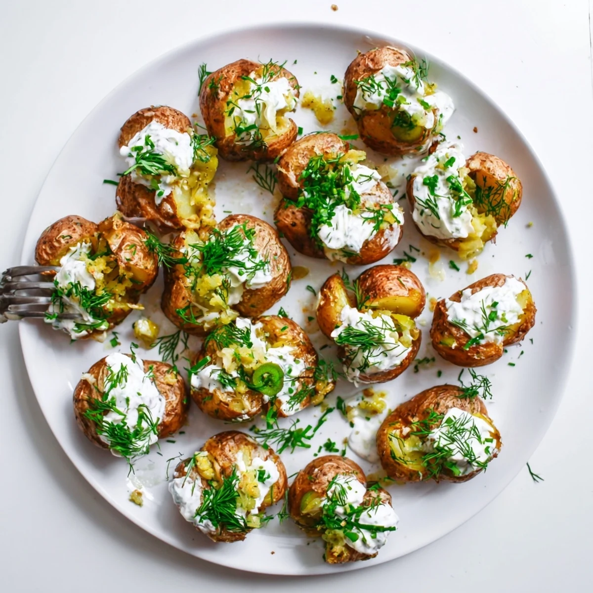 Crispy oven-baked baby potatoes smothered in tangy dill pickle ranch sauce and fresh herbs