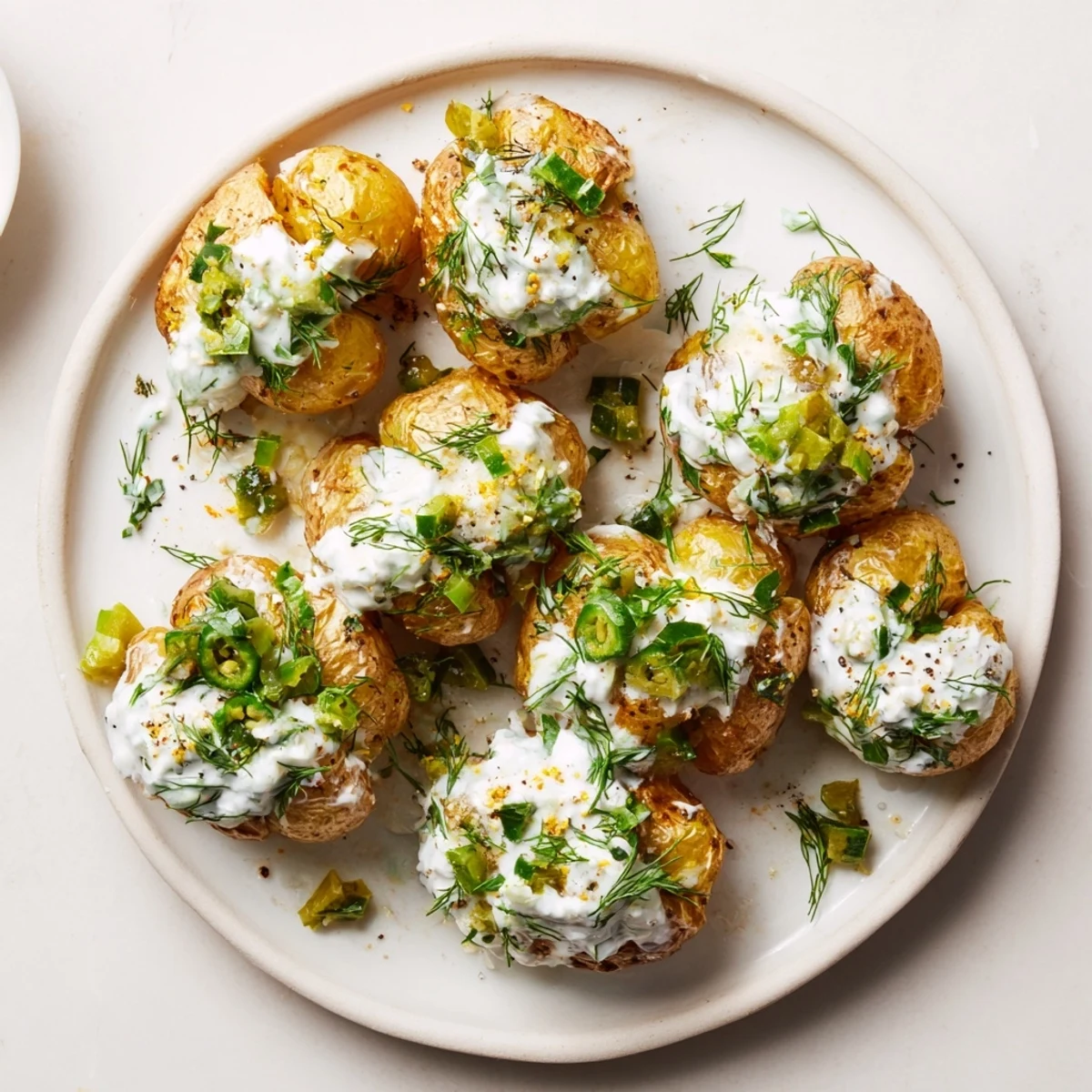 Golden crispy smashed potatoes drizzled with creamy ranch and topped with chopped dill pickles