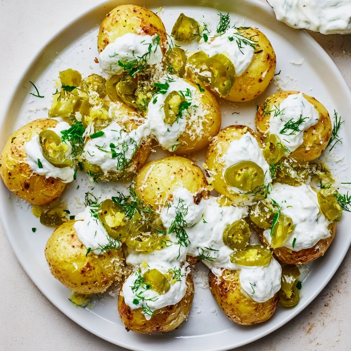 Plate of dill pickle ranch smash appetizer featuring crispy smashed potatoes loaded with savory toppings
