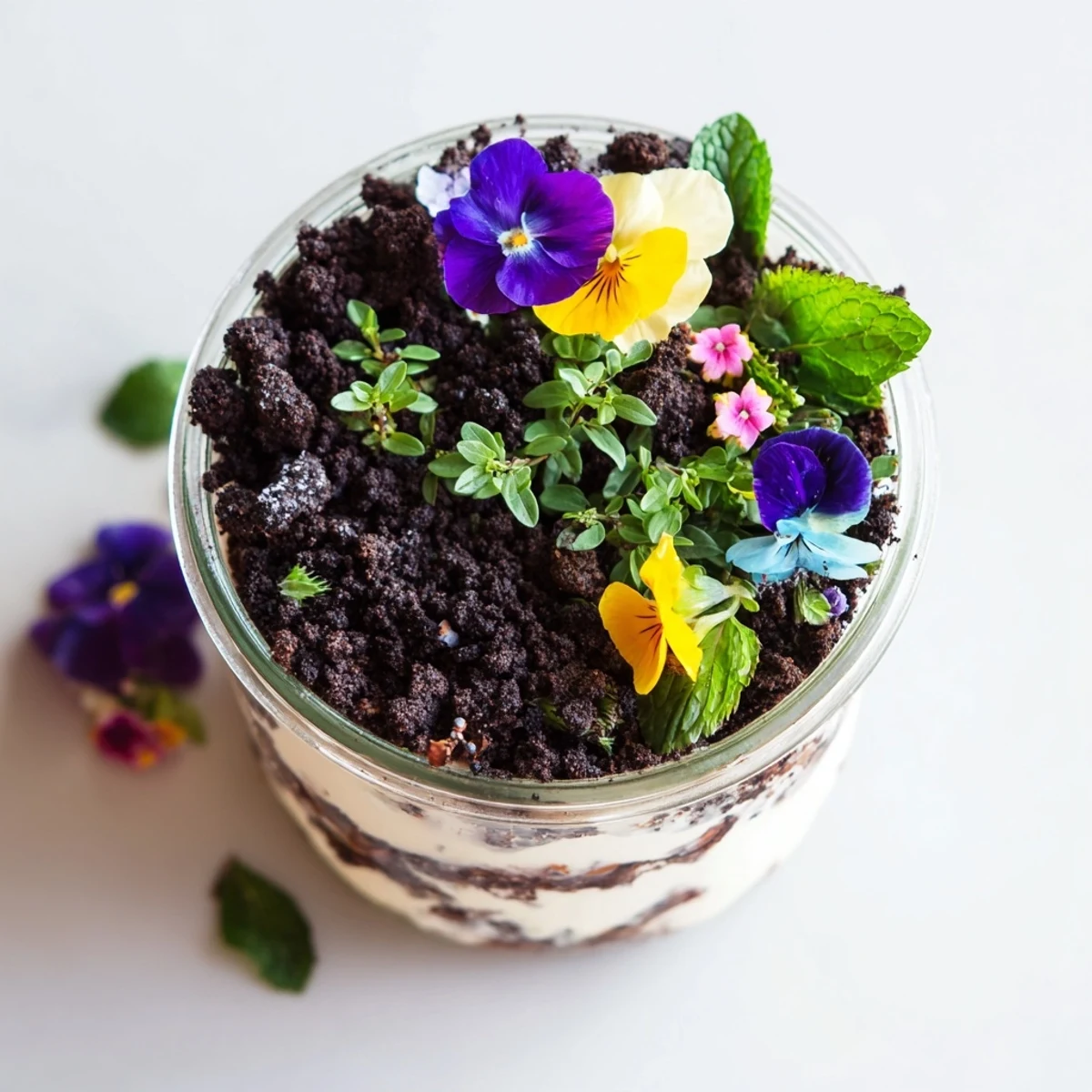 Whimsical edible potted floral garden dessert topped with colorful pansies and chocolate cookie soil