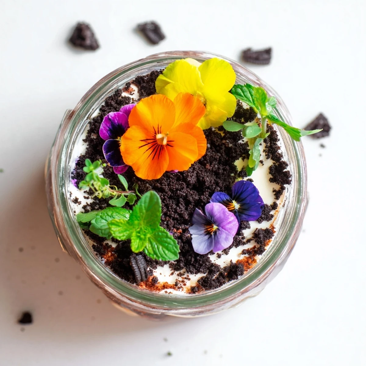 Chocolate cake layered with creamy filling in this edible potted floral garden dessert with fresh herbs