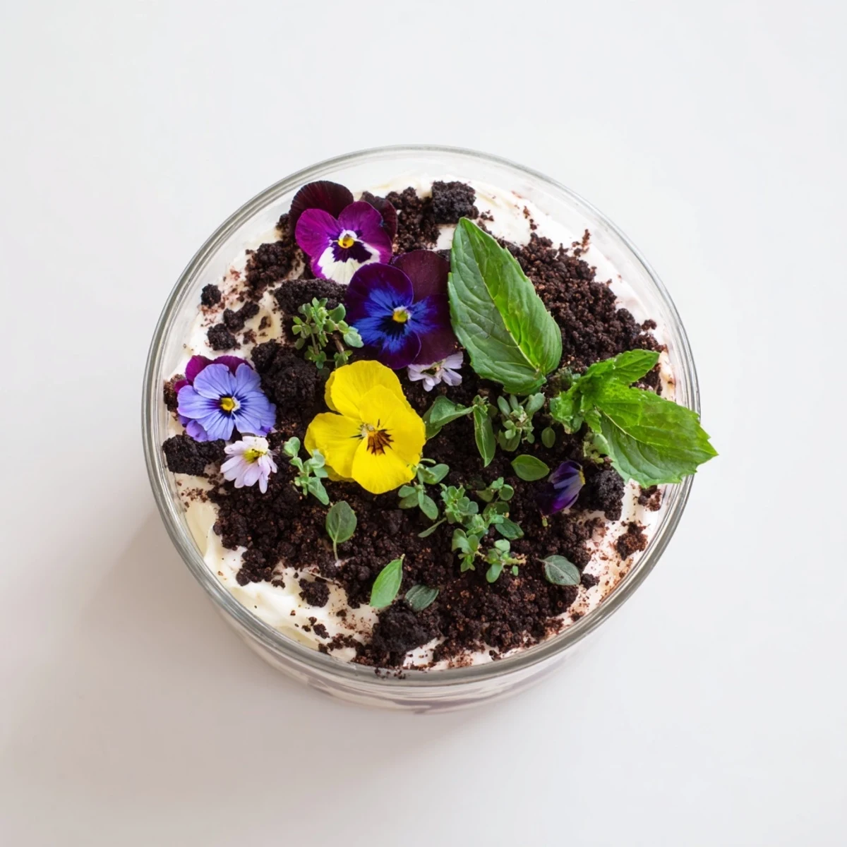 Beautiful edible potted floral garden featuring crumbled cake, edible flowers, and mint in flower pots