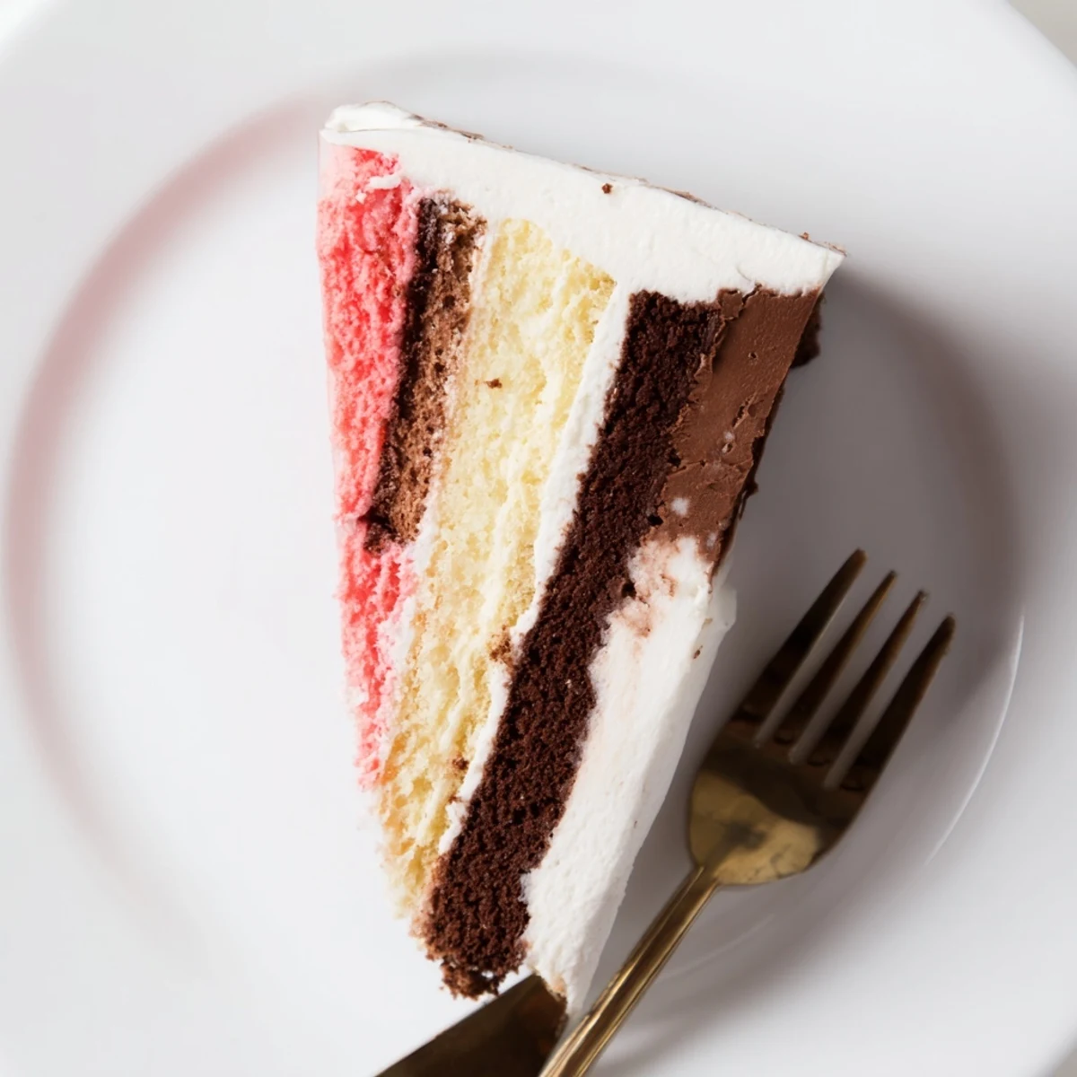 Slice of Neapolitan cake revealing chocolate, vanilla, and strawberry layers with creamy buttercream