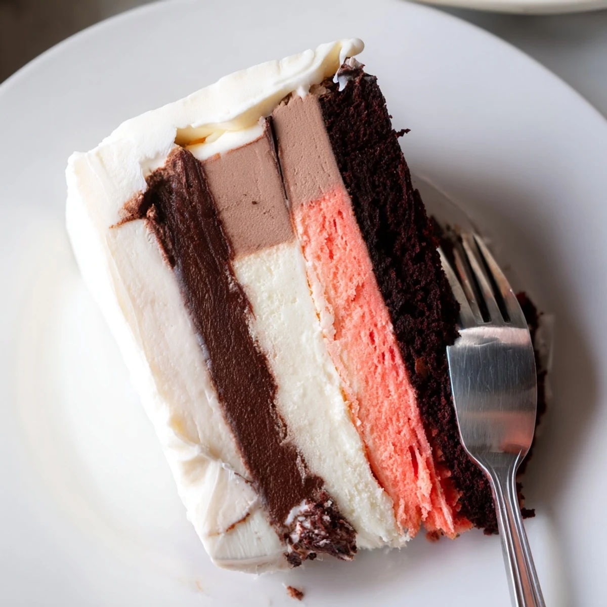 Three-layer Neapolitan cake with pink, white, and brown tiers frosted for celebrations