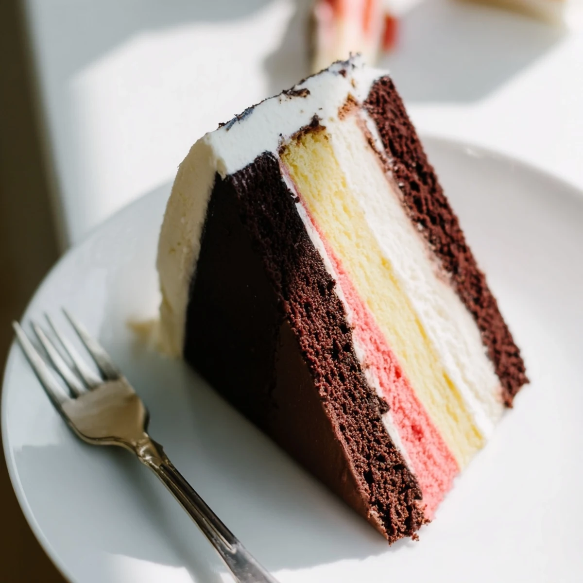 Homemade Neapolitan cake displayed on serving plate showing distinct colored cake layers and frosting