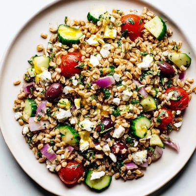 Plump cherry tomatoes and diced cucumbers mix with chewy farro, crumbled feta, and Kalamata olives.